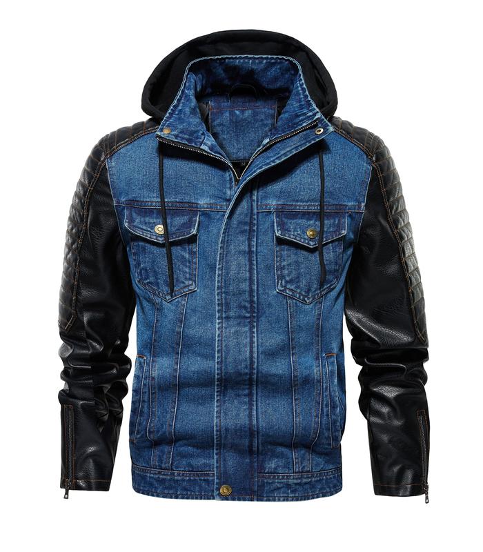 INVACHI Men's Denim Jacket Hooded Jean Jacket with Faux Leather Patchwork Lightweight Jacket with Detachable Hood