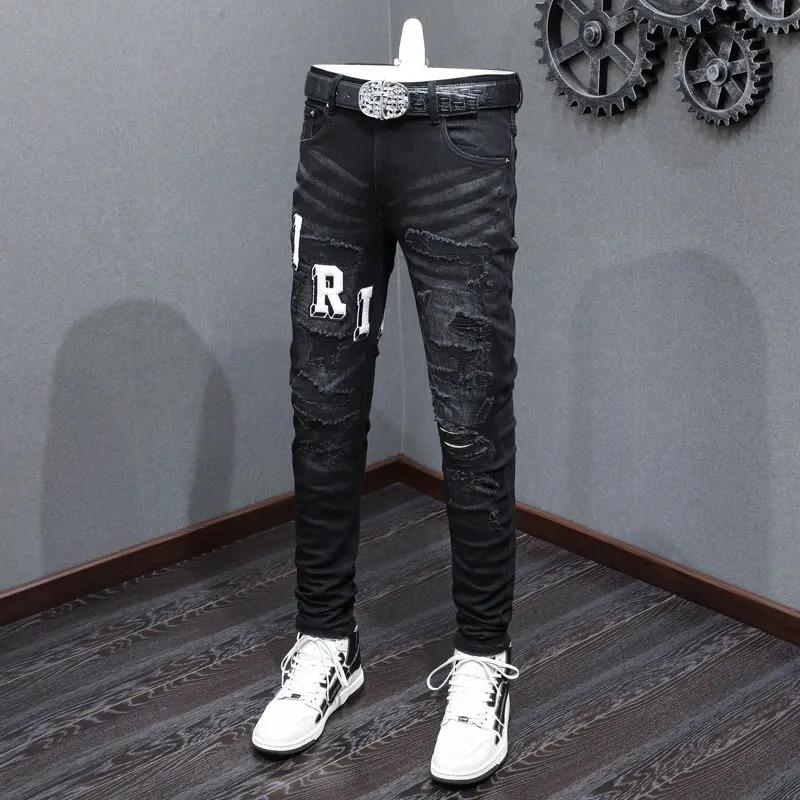 New fashion designer men's jeans stretch slim fit retro black embroidered ripped patch jeans High Street hip-hop brand pants Hom