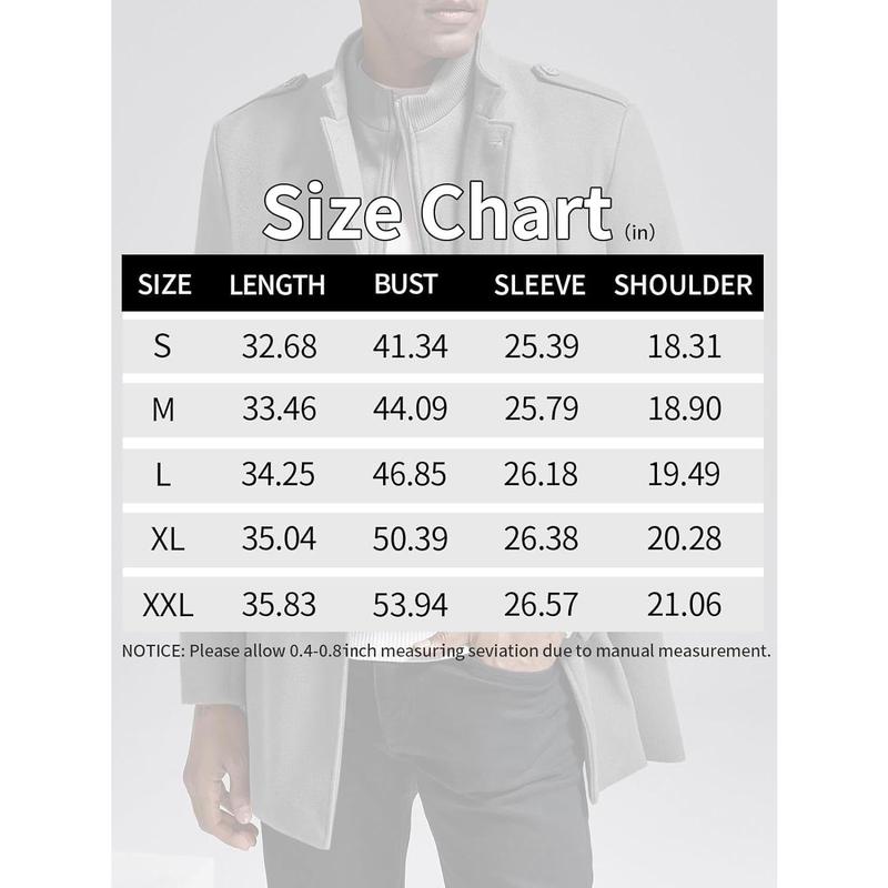 Runcati Mens Trench Coat Long Sleeve Stand Collar Single Breasted Pea Coat Casual Mid Long Slim Fit Overcoat with Pockets