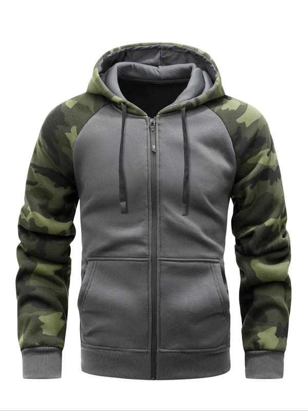 Men's Camo Patchwork Pocket Thermal Lined Zip Up Hooded Sports Coat, Regular Fit Casual Long Sleeve Drawstring Outerwear for Fall & Winter, Men's Sportswear for Gym Workout Running