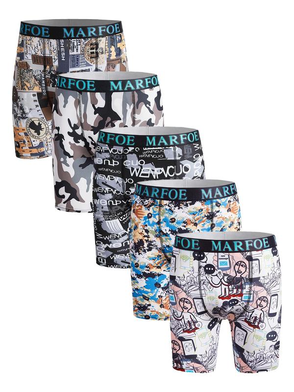 Men's All Over Cartoon Print Boxer Brief, Casual Comfy Breathable Letter Tape Underwear for Daily Wear, Mens Underwear for All Seasons