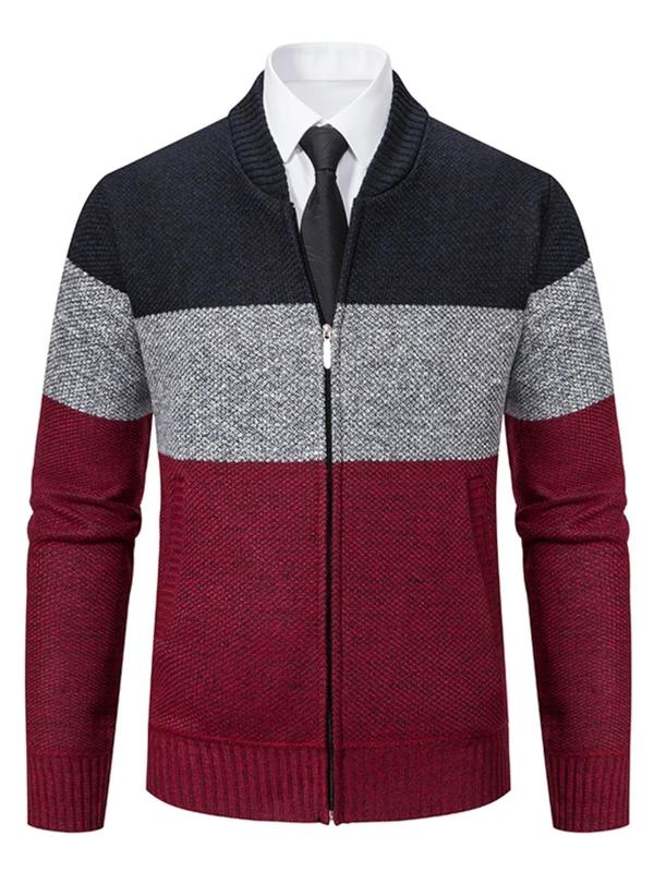 Men's Colorblock Zipper Cardigan, Casual Regular Fit Mock Neck Pocket Knitwear, Men's Clothes For Daily Wear