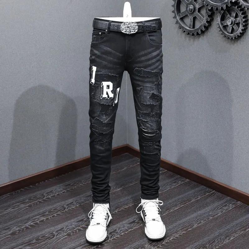 New fashion designer men's jeans stretch slim fit retro black embroidered ripped patch jeans High Street hip-hop brand pants Hom