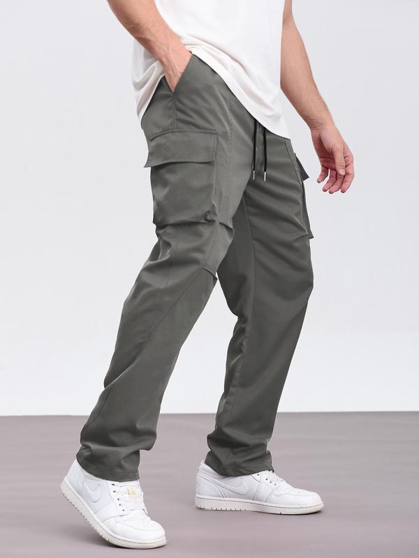 Men's Solid Flap Pocket Drawstring Waist Cargo Pants, Loose Casual Street Fashion Pants for Daily Wear, Men's Trousers for All Seasons