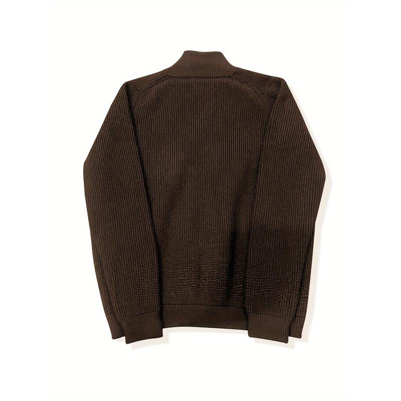 Men's cozy knit cardigan-casual zip-up sweater jacket, solid color, warm & thick for fall winter, coffee brown