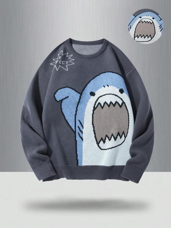 Men's Cartoon Shark Print Round Neck Sweater, Regular Fit Casual Fashion Long Sleeve Crew Neck Jumper for Fall & Winter, Men's Knitwear for Daily Wear