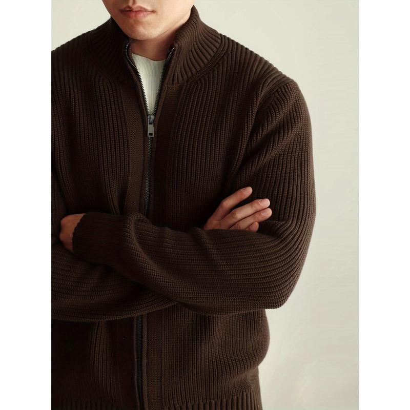 Men's cozy knit cardigan-casual zip-up sweater jacket, solid color, warm & thick for fall winter, coffee brown