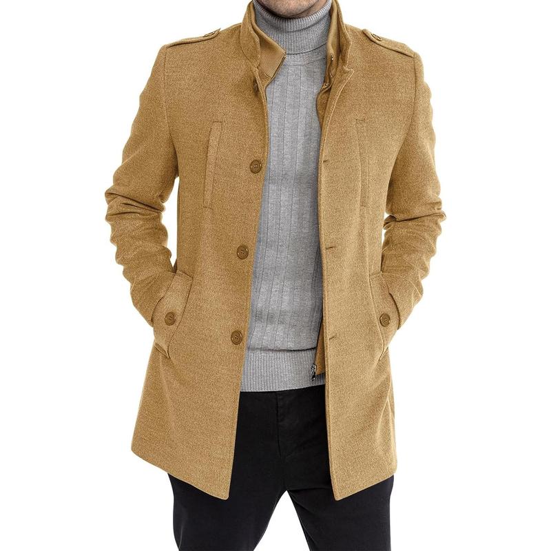 Runcati Mens Trench Coat Long Sleeve Stand Collar Single Breasted Pea Coat Casual Mid Long Slim Fit Overcoat with Pockets