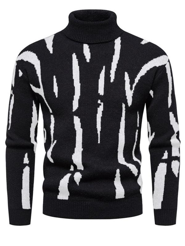 Men's All Over Print Turtle Neck Sweater, Regular Fit Long Sleeve Jumper Top for Fall & Winter, Men's Knit Clothing for Casual Daily Wear