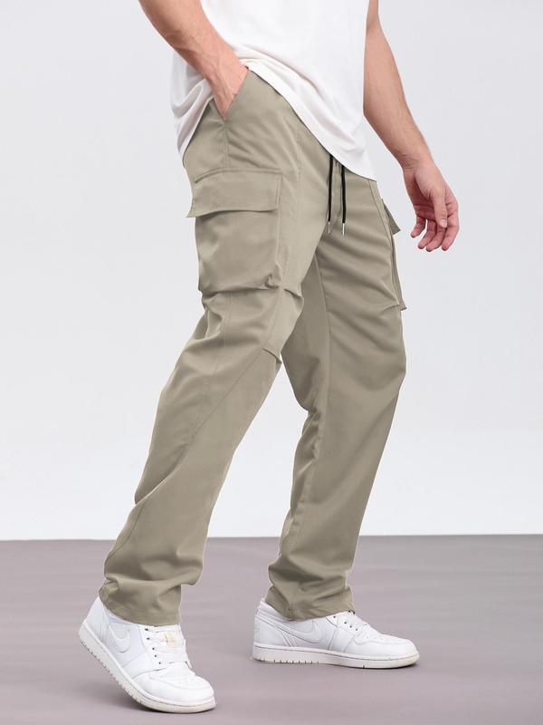 Men's Solid Flap Pocket Drawstring Waist Cargo Pants, Loose Casual Street Fashion Pants for Daily Wear, Men's Trousers for All Seasons