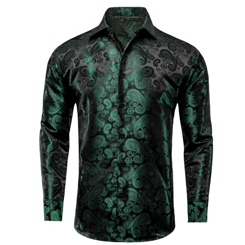 Black Deep Green Paisley Mens Long Sleeve Dinner Shirt Collar Casual Classic Menswear