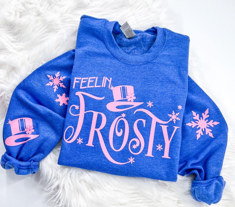 Feelin' Frosty Retro Christmas Sweatshirt or Hoodie with sleeve prints Comfy Unisex Tops