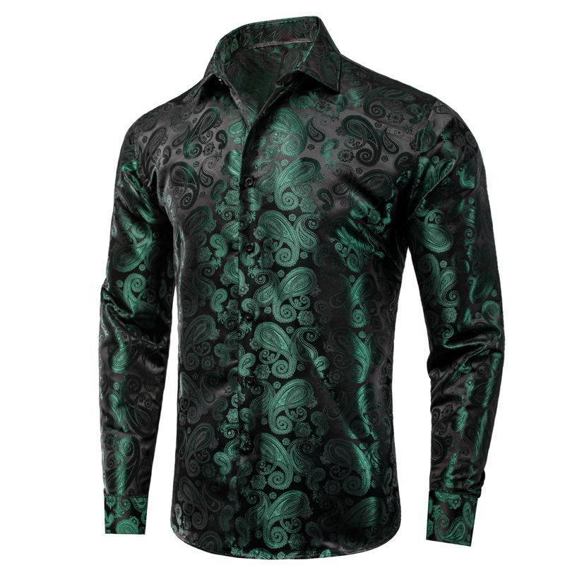 Black Deep Green Paisley Mens Long Sleeve Dinner Shirt Collar Casual Classic Menswear