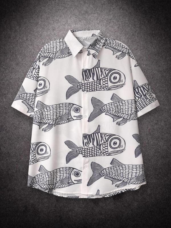 Men's Fish Print Button Front Shirt, Loose Casual Short Sleeve Collar Shirt for Summer, Men's Top for Beach Vacation