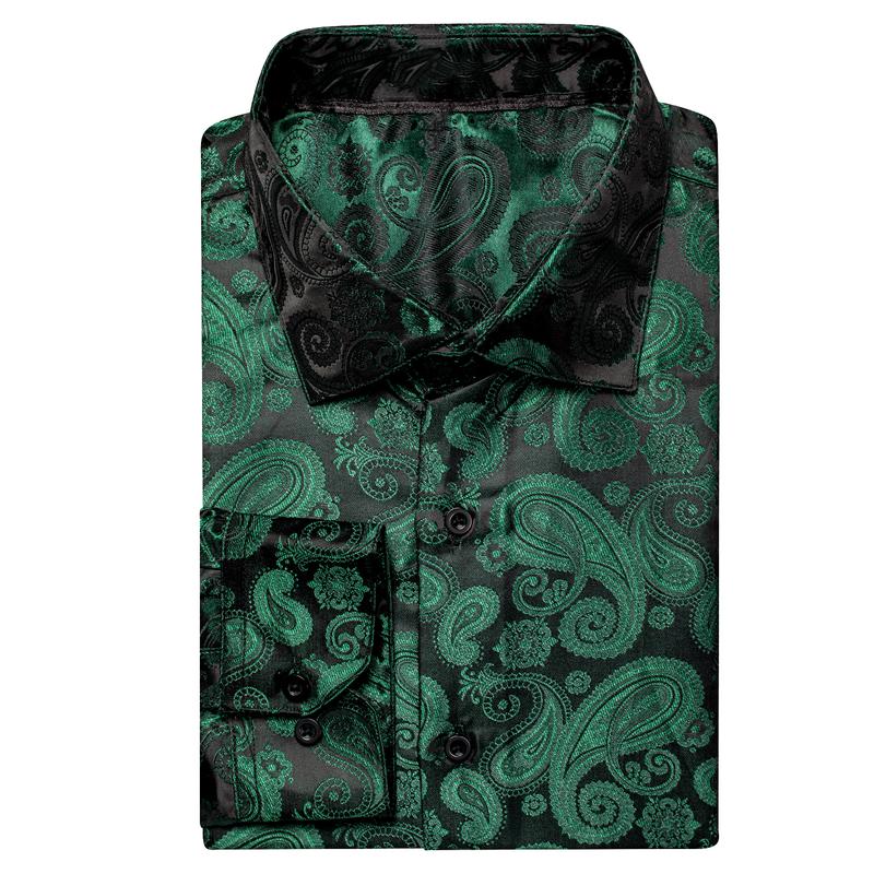 Black Deep Green Paisley Mens Long Sleeve Dinner Shirt Collar Casual Classic Menswear