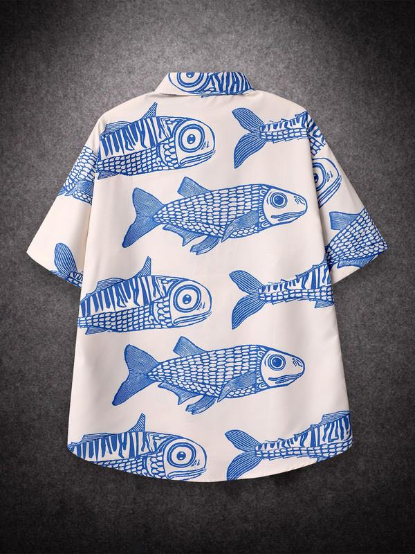 Men's Fish Print Button Front Shirt, Loose Casual Short Sleeve Collar Shirt for Summer, Men's Top for Beach Vacation