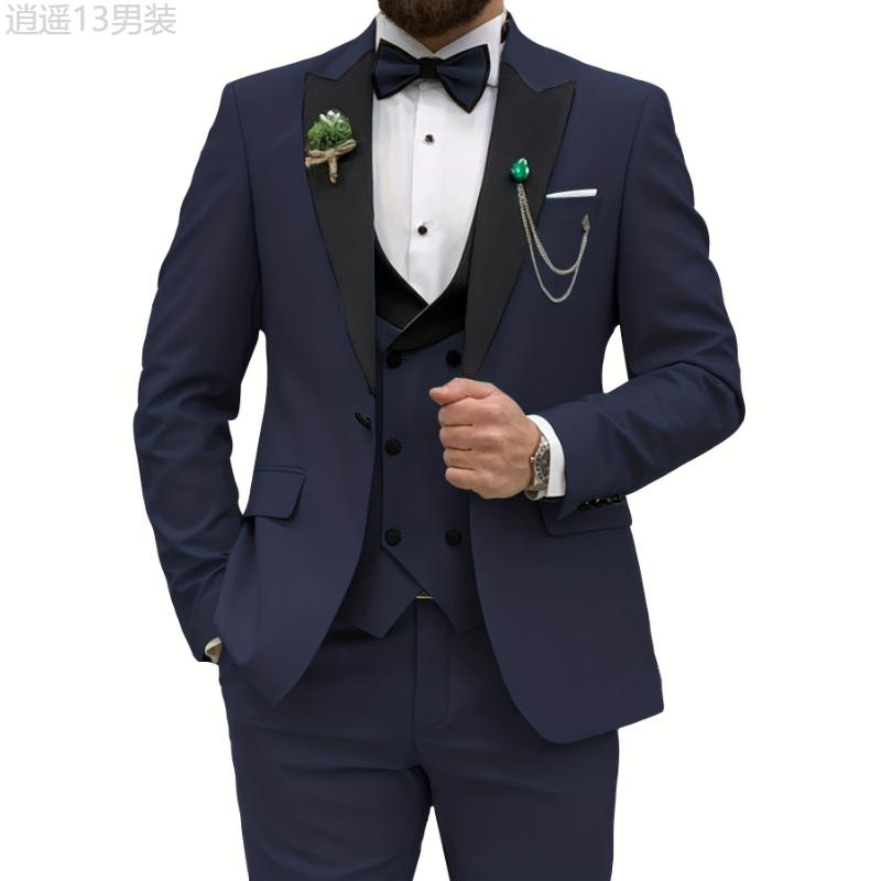 3pcs Men's Slim Fit Double Breasted Suit Set - Classic Lapel Jacket, Vest, and Suit Pants for Wedding, Banquet, Party, Business Occasions - High-Quality Male Clothing for Formal Events Menswear Polyester Collar Tops