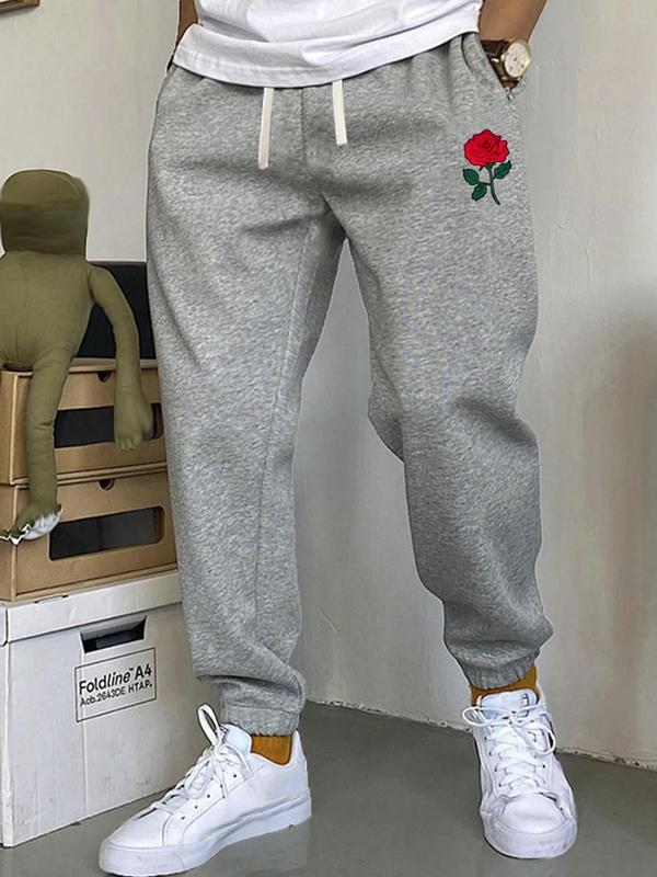 Men's Rose Print Drawstring Waist Sweatpants, Casual Loose Pocket Jogger Pants for Summer, Fashion Men's Bottoms for Daily Wear