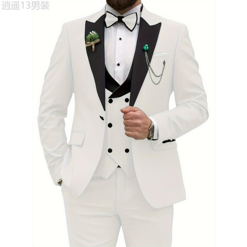 3pcs Men's Slim Fit Double Breasted Suit Set - Classic Lapel Jacket, Vest, and Suit Pants for Wedding, Banquet, Party, Business Occasions - High-Quality Male Clothing for Formal Events Menswear Polyester Collar Tops