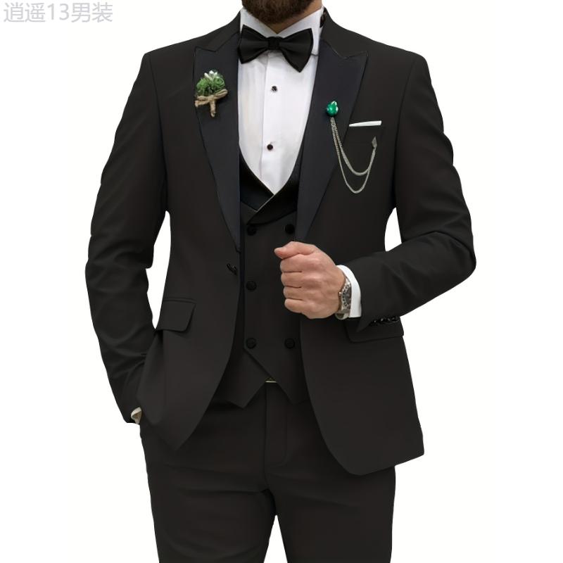 3pcs Men's Slim Fit Double Breasted Suit Set - Classic Lapel Jacket, Vest, and Suit Pants for Wedding, Banquet, Party, Business Occasions - High-Quality Male Clothing for Formal Events Menswear Polyester Collar Tops