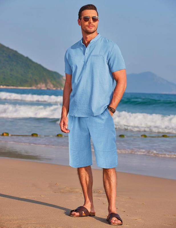 COOFANDY Men's Comfortable Linen Shorts Set, Casual Drop T-shirt and Drawstring Waist Shorts Set, Beach Casual Set, Men's 2-piece Set, 2024 Summer Clothing, Boutique Men's Wear