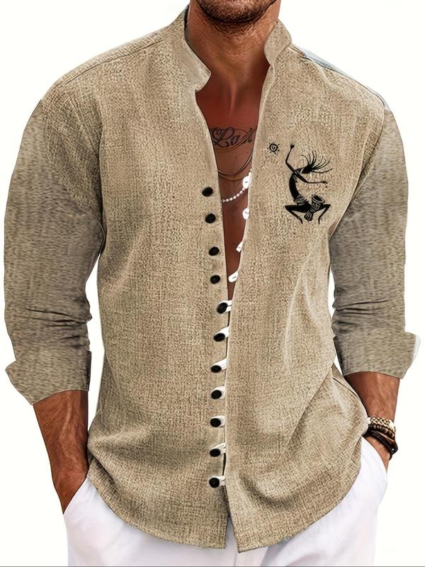 Men's Graphic Print Button Front Shirt, Regular Fit Casual Long Sleeve Stand Collar Top for Daily Wear, Men's Clothes for All Seasons