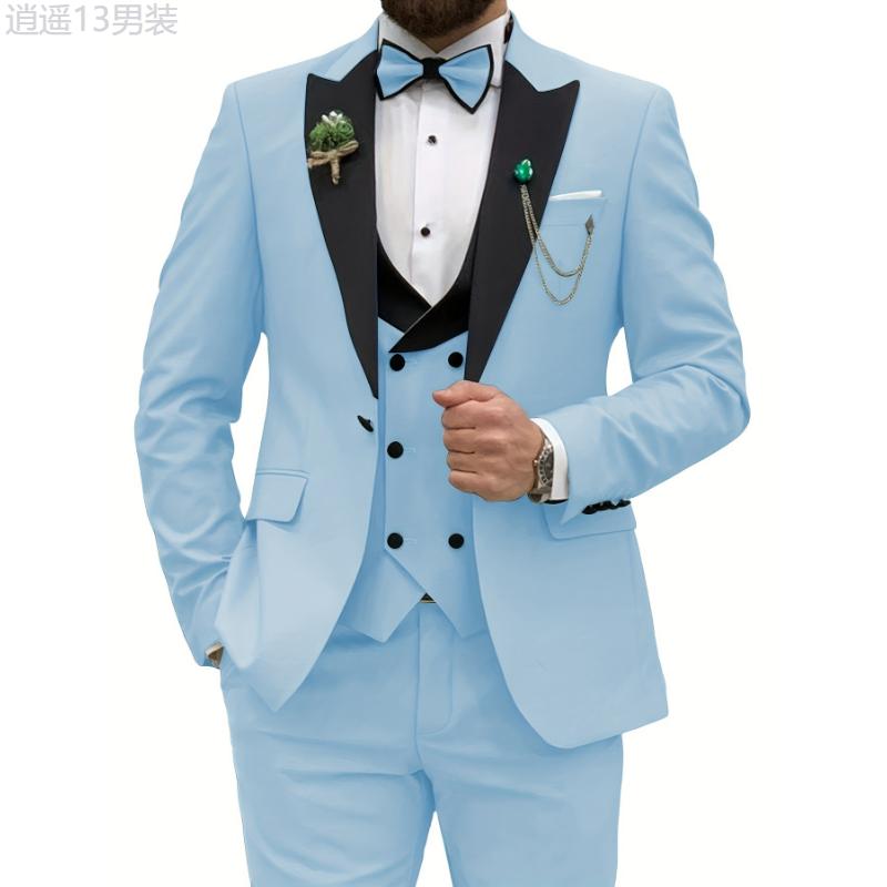 3pcs Men's Slim Fit Double Breasted Suit Set - Classic Lapel Jacket, Vest, and Suit Pants for Wedding, Banquet, Party, Business Occasions - High-Quality Male Clothing for Formal Events Menswear Polyester Collar Tops