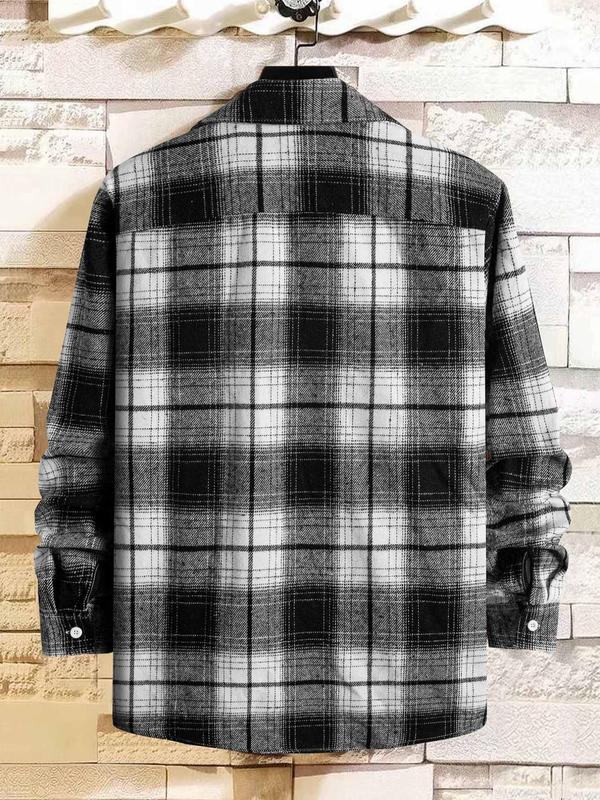 Men's Tartan Print Button Front Pocket Shirt Without Tee & Necklace, Regular Fit Casual Soft Comfortable Long Sleeve Collared Top For Fall & Winter, Men's Clothes For Daily Wear