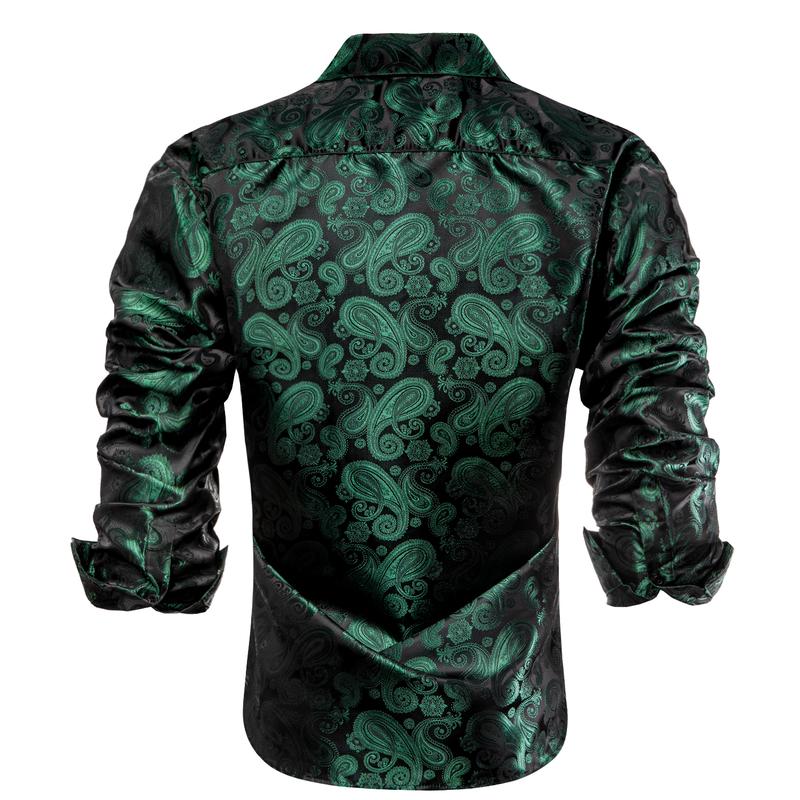 Black Deep Green Paisley Mens Long Sleeve Dinner Shirt Collar Casual Classic Menswear