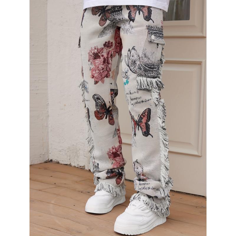 Men's Vintage Butterfly Pattern Loose Straight Leg Long Pants - Hip Hop Style Denim Jeans for Outdoor Activities with Raw Hem Design and Relaxed Fit Menswear Polyester Underwear Trouser Human Fabric Floral Fashion