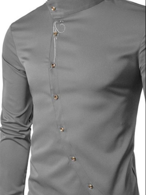  Men's Asymmetrical Button Front Stand Collar Shirt, Regular Fit Casual Soft Comfy Long Sleeve Top for All Seasons, Men's Clothes for Daily Wear