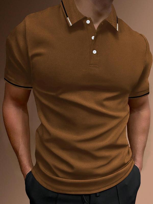 Men's Regular Fit Contrast Binding Short Sleeve Polo Shirt, Casual Streetwear Solid Button Front Top for Summer, Fashion Men's Clothes for Daily Wear