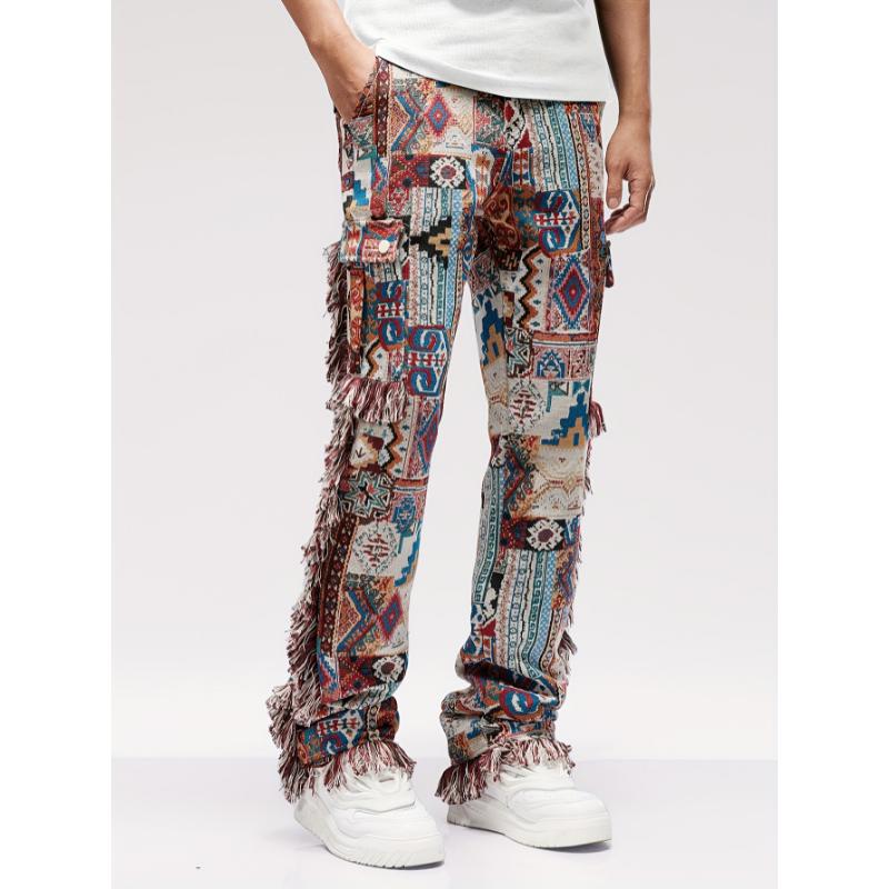 Men's Vintage Butterfly Pattern Loose Straight Leg Long Pants - Hip Hop Style Denim Jeans for Outdoor Activities with Raw Hem Design and Relaxed Fit Menswear Polyester Underwear Trouser Human Fabric Floral Fashion