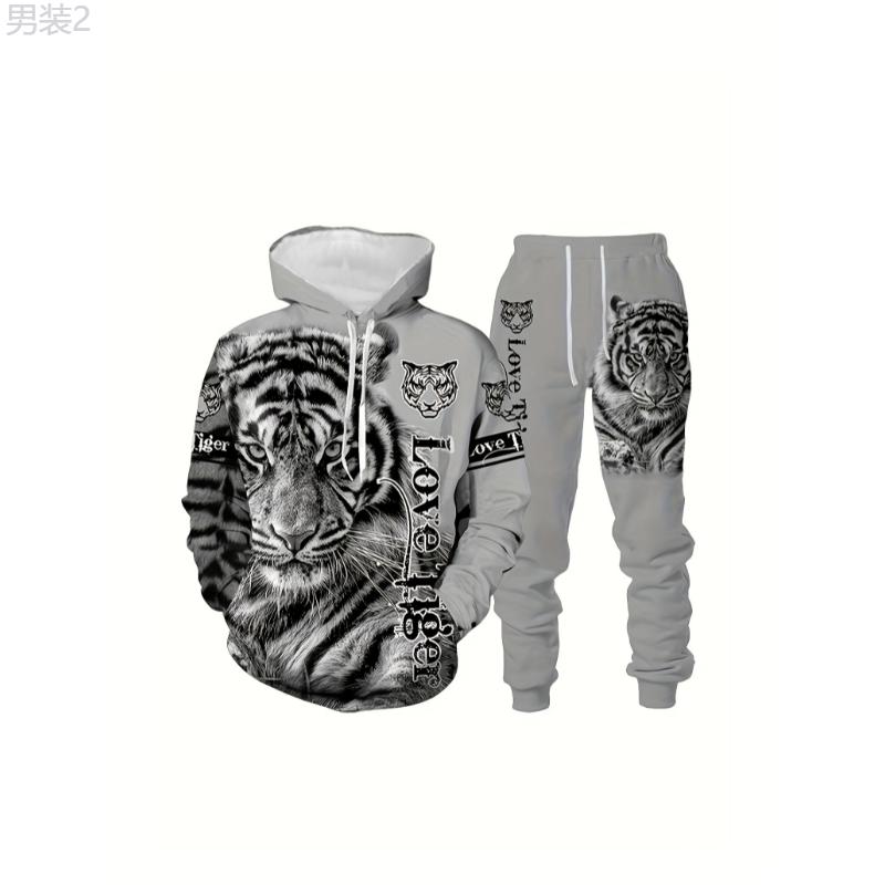 Men's Tiger Pattern Print Fashion Novelty Pajamas Loungewear Set, Hoodie And Sweatpants Set, Long Sleeve Sweatshirts Jogger Pant 2 Piece Outfits For Men Fabric Menswear