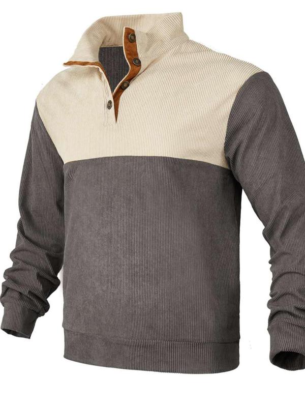 Men's Colorblock Half Button Corduroy Sweatshirt, Regular Fit Casual Long Sleeve Stand Collar Pullover for Spring & Fall, Fashion Men's Clothing for Daily Wear