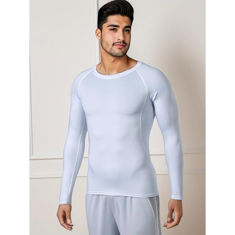 Men's Thermal Underwear Set, Skiing Winter Warm Base Layers, Tight Long Sleeve Round Neck Top & Bottom Pants Set