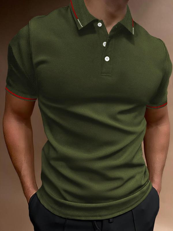 Men's Regular Fit Contrast Binding Short Sleeve Polo Shirt, Casual Streetwear Solid Button Front Top for Summer, Fashion Men's Clothes for Daily Wear