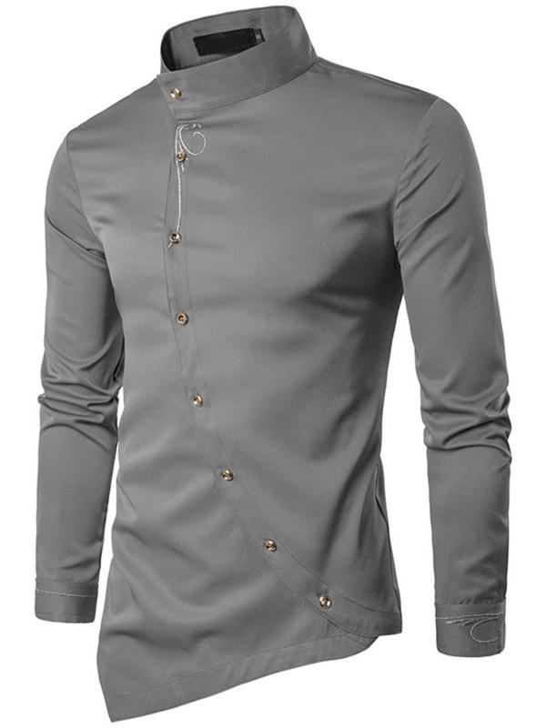  Men's Asymmetrical Button Front Stand Collar Shirt, Regular Fit Casual Soft Comfy Long Sleeve Top for All Seasons, Men's Clothes for Daily Wear