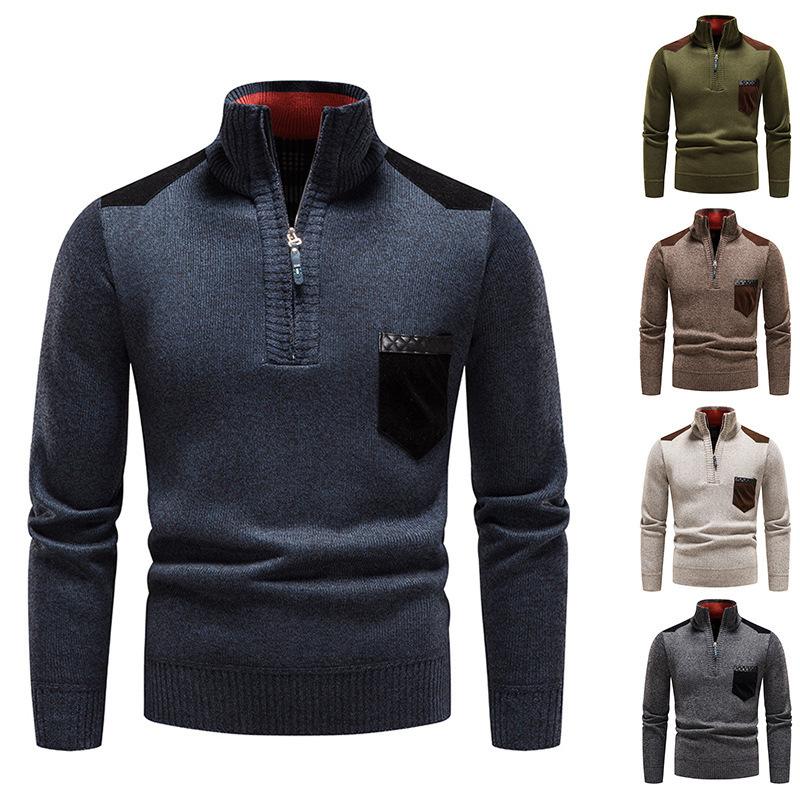 New Autumn and Winter Sweaters Men's Clothing Business Stand Collar Pullover Sweater Casual Fleece-lined Men's Knitwear Coat