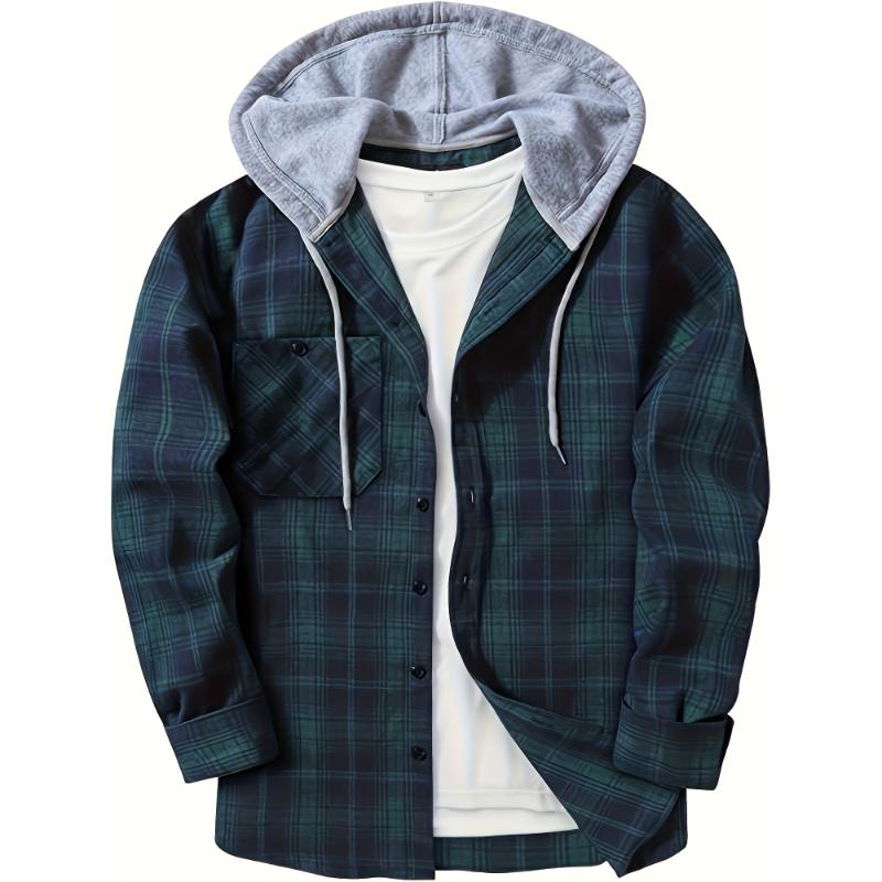 Long Sleeve Men's Plaid Pattern Hooded Shirt Jacket with Chest Pocket, Casual Fall Winter Outwear Menswear Streetwear Pants