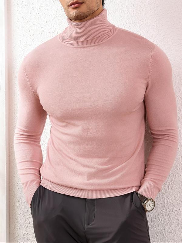 Men's Slim Solid Long Sleeve Turtleneck Sweater, Casual High Neck Jumper for Fall & Winter, Fashion Men's Knitwear for Daily Wear