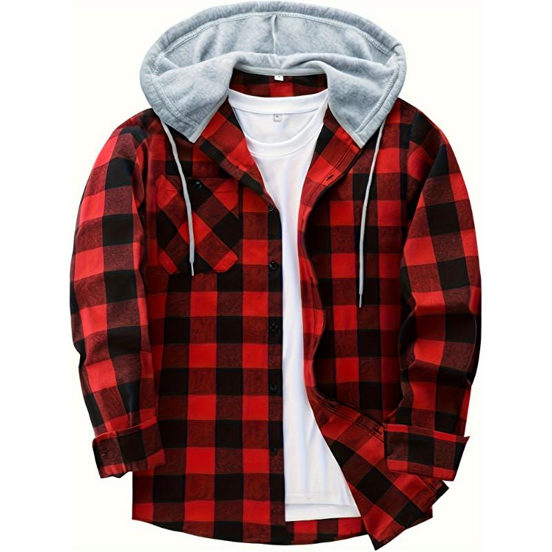 Long Sleeve Men's Plaid Pattern Hooded Shirt Jacket with Chest Pocket, Casual Fall Winter Outwear Menswear Streetwear Pants