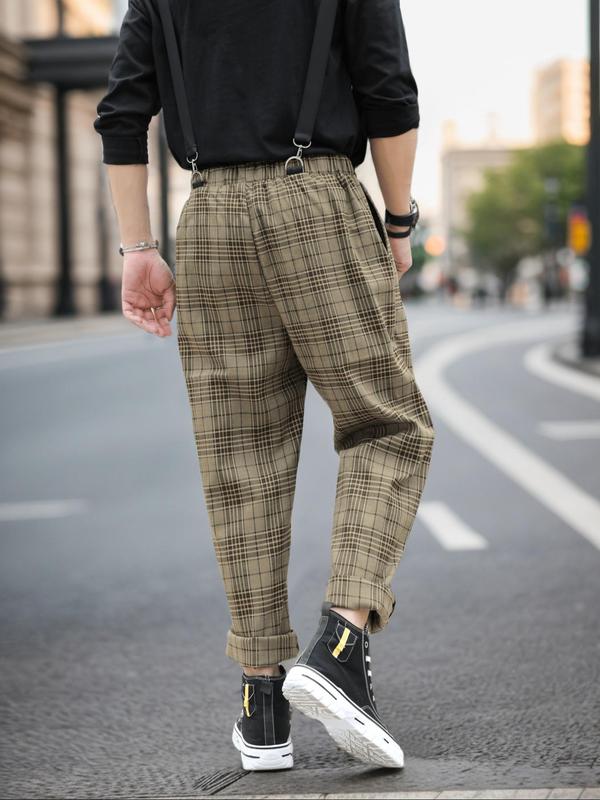 Men's Plaid Print Pocket Elastic Waist Suspender Pants, Regular Fit Casual Adjustable Strap Straight Leg Trousers for Spring & Fall,  Pants for Men, Fashion Men's Bottoms for Daily Wear, Fall Clothing