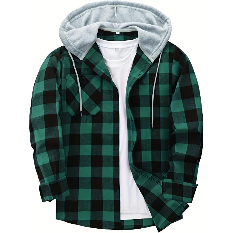 Long Sleeve Men's Plaid Pattern Hooded Shirt Jacket with Chest Pocket, Casual Fall Winter Outwear Menswear Streetwear Pants