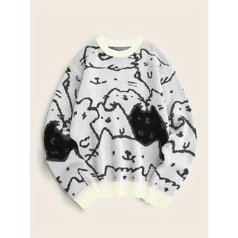 Men's Autumn and Winter Cute Cat Pattern Knitted Sweater, Leisure Warm Micro-Elastic Boat Neck Pullover Sweater