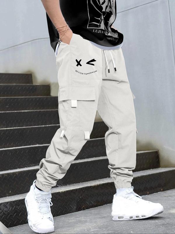 Men's Cartoon Face & Letter Print Cargo Pants, Regular Fit Casual Pocket Drawstring Trousers, Fashion Men's Bottoms for Daily Wear