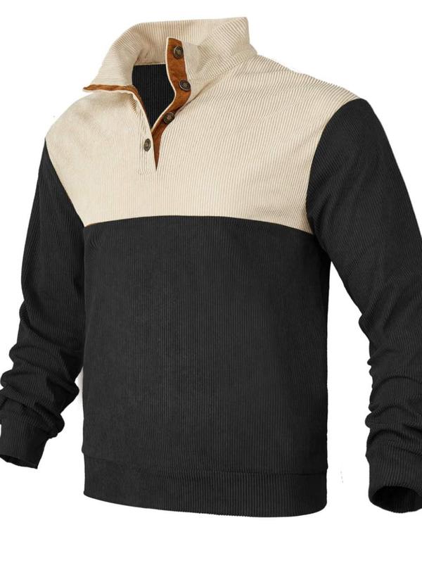 Men's Colorblock Half Button Corduroy Sweatshirt, Regular Fit Casual Long Sleeve Stand Collar Pullover for Spring & Fall, Fashion Men's Clothing for Daily Wear