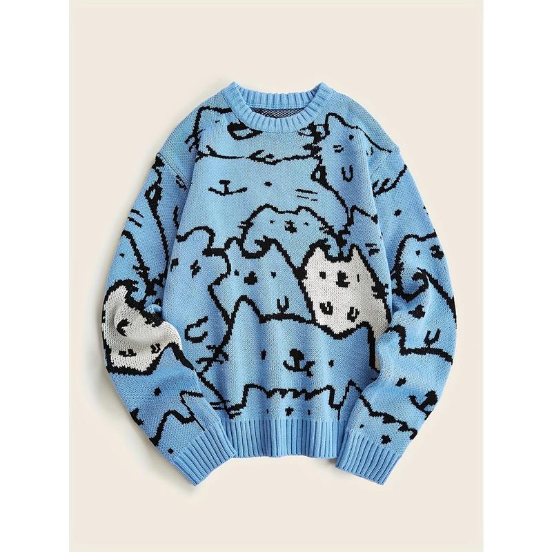 Men's Autumn and Winter Cute Cat Pattern Knitted Sweater, Leisure Warm Micro-Elastic Boat Neck Pullover Sweater