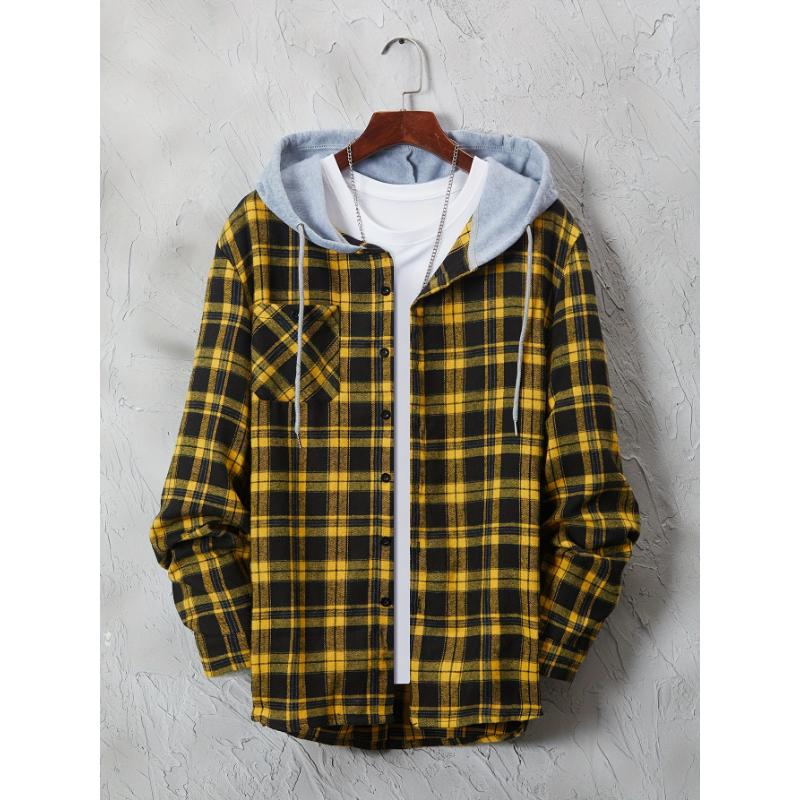 Long Sleeve Men's Plaid Pattern Hooded Shirt Jacket with Chest Pocket, Casual Fall Winter Outwear Menswear Streetwear Pants