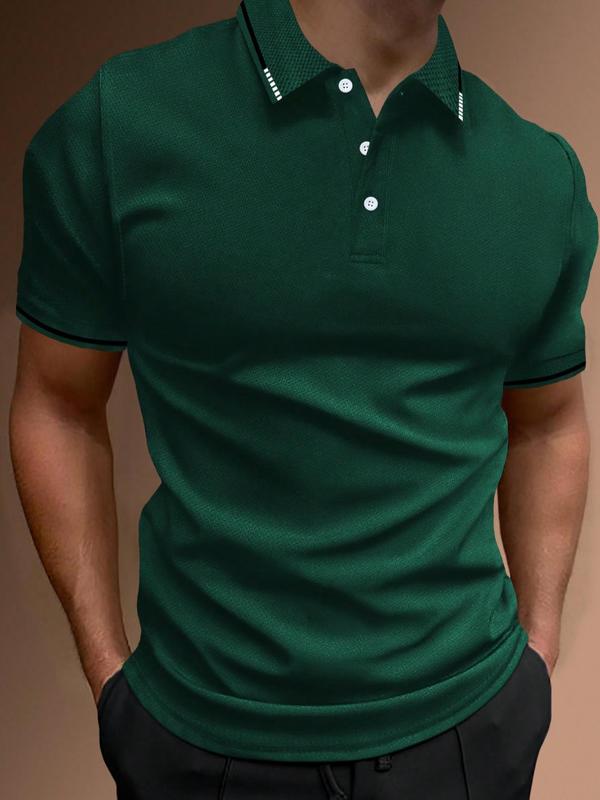 Men's Regular Fit Contrast Binding Short Sleeve Polo Shirt, Casual Streetwear Solid Button Front Top for Summer, Fashion Men's Clothes for Daily Wear